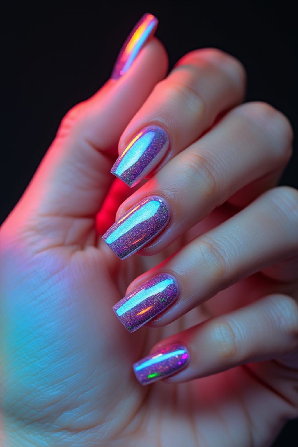 holographic chrome nails reflecting light spectrum, futuristic look, clean softbox lighting, posed fingers with high gloss