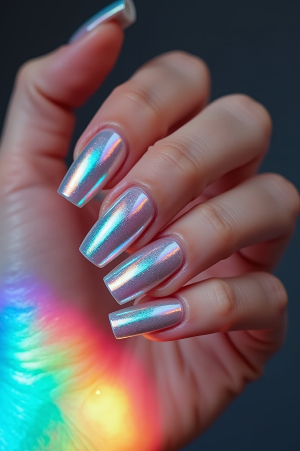 holographic chrome nails reflecting light spectrum, futuristic look, clean softbox lighting, posed fingers with high gloss