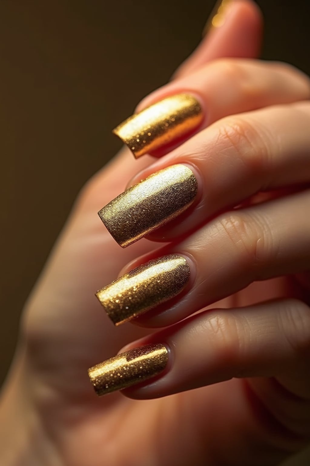 glamorous gold leaf nail art, high-shine texture, dramatic close-up, elegant hand pose, luxury beauty photography