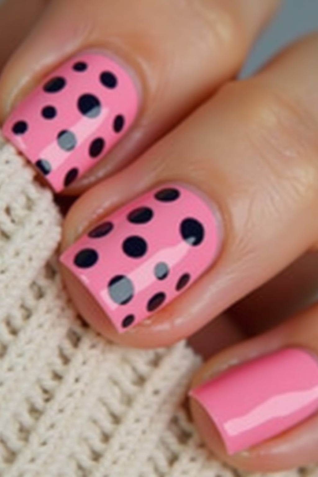 nail design with a pink and black polka dot pattern, cute and playful aesthetic, soft natural lighting, close-up on detail