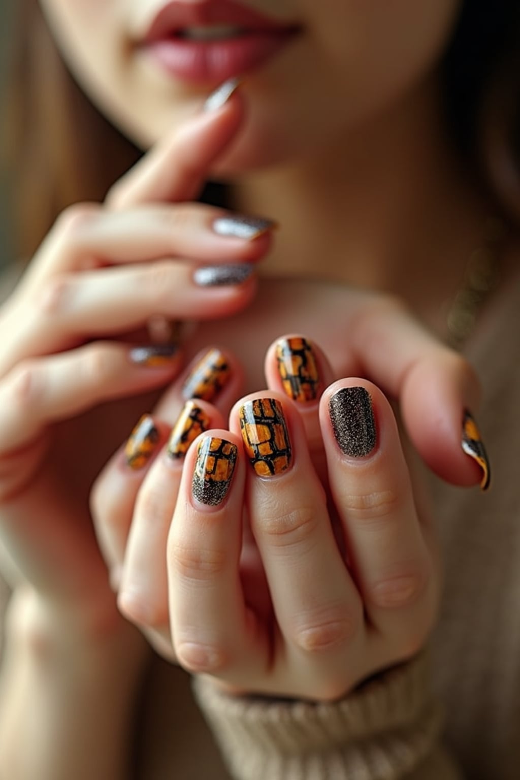 tortoiseshell nails with amber and black pattern, beauty close-up in warm tones, posed hand holding neutral props