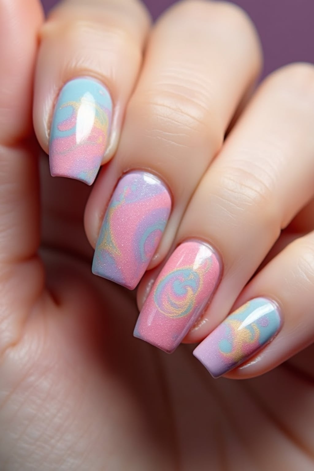 abstract swirl art nails with mixed pastel tones, modern nail art trend, studio background, macro photography focus