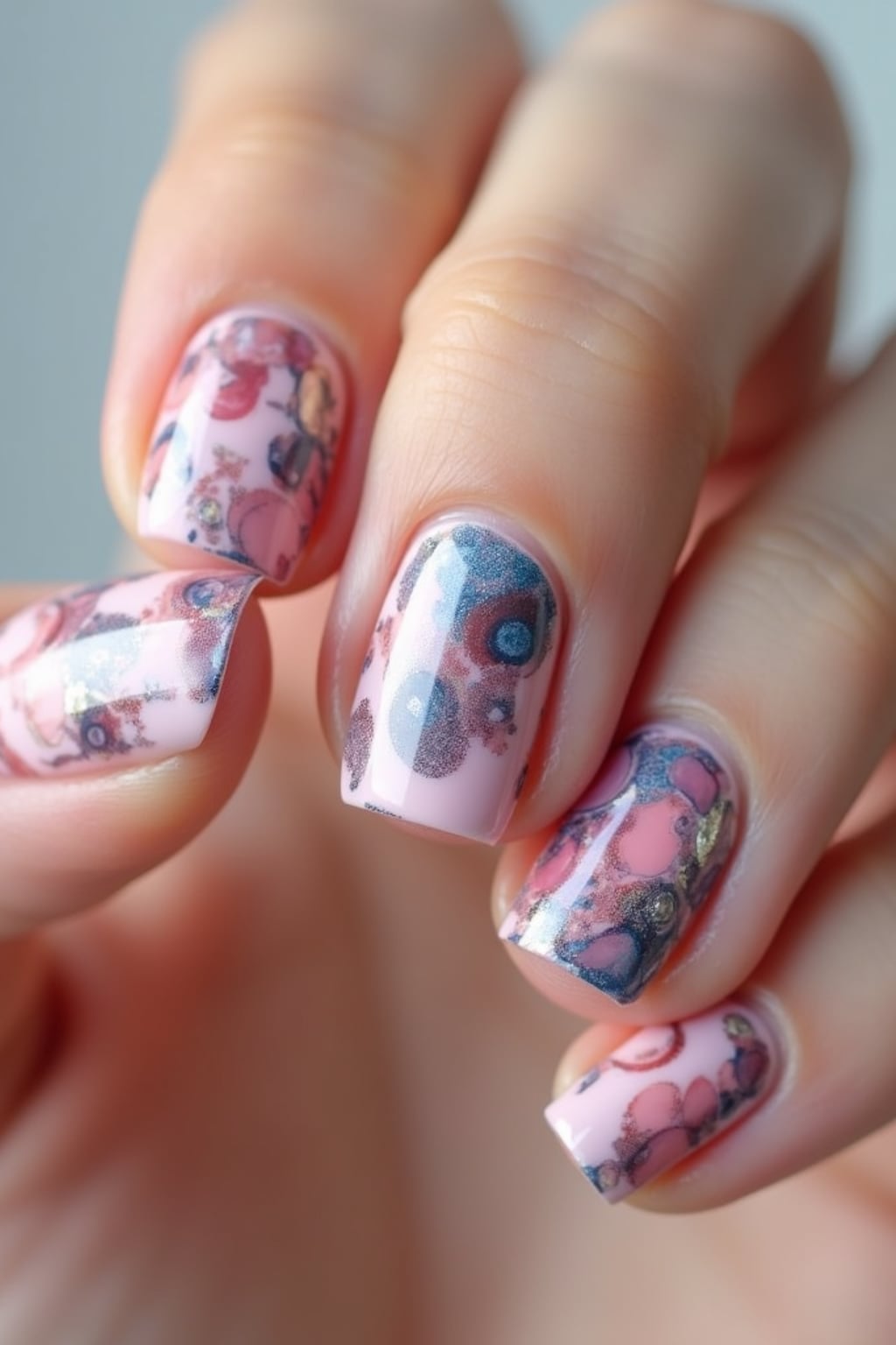 abstract swirl art nails with mixed pastel tones, modern nail art trend, studio background, macro photography focus