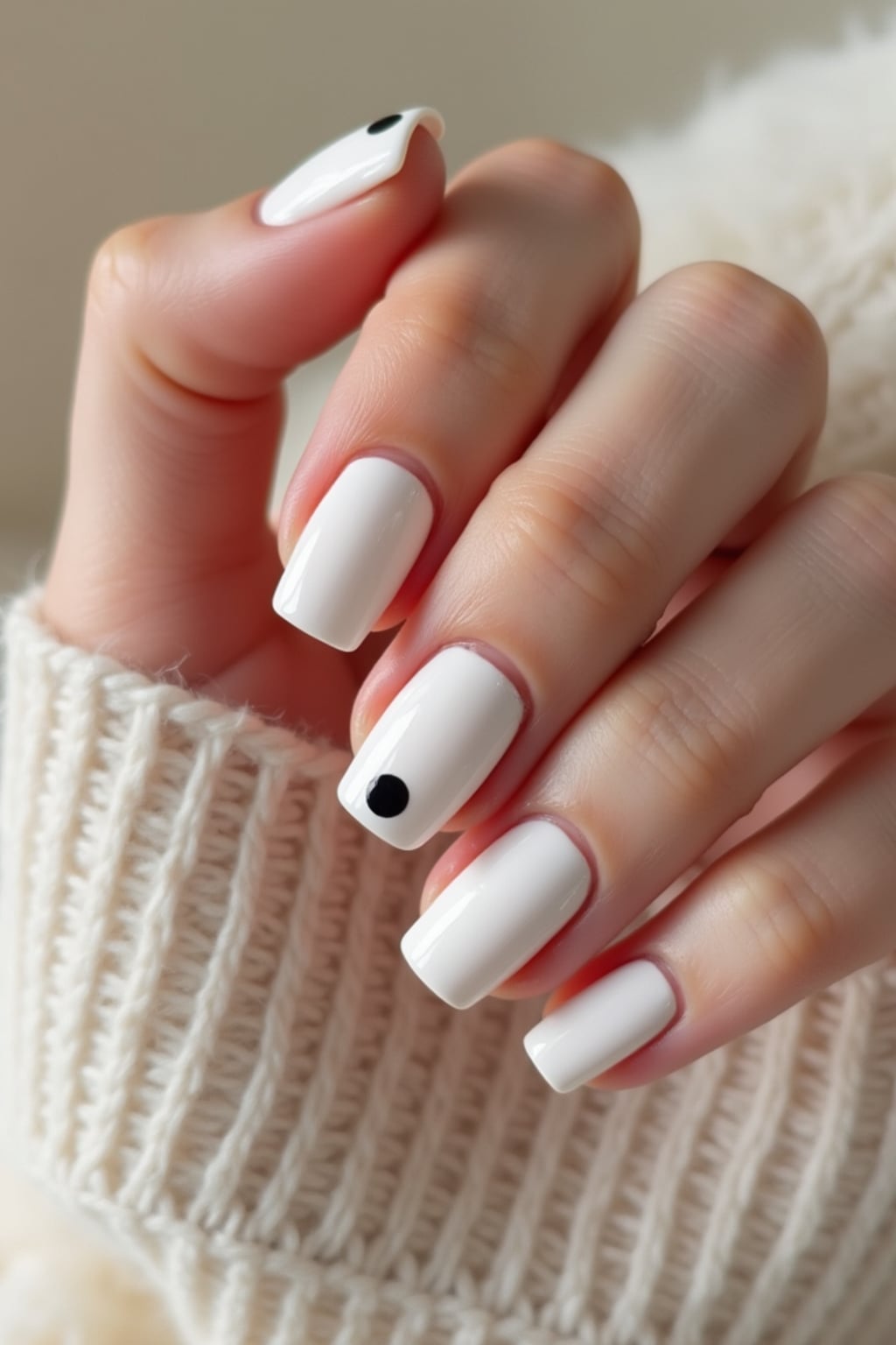 minimalist nude nails with a single black dot on each, ultra-clean style, Scandinavian aesthetic, close-up on detail