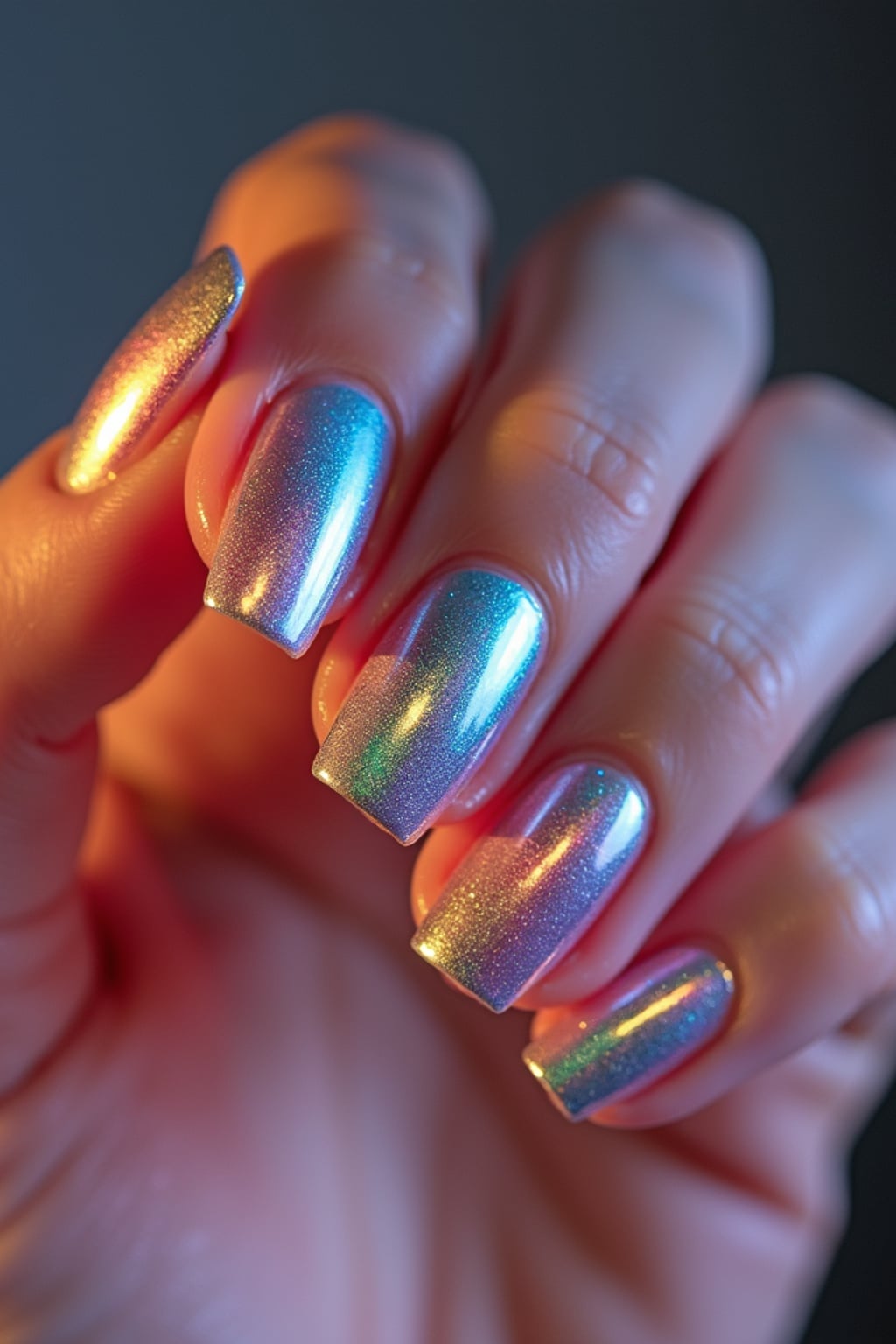 holographic chrome nails reflecting light spectrum, futuristic look, clean softbox lighting, posed fingers with high gloss