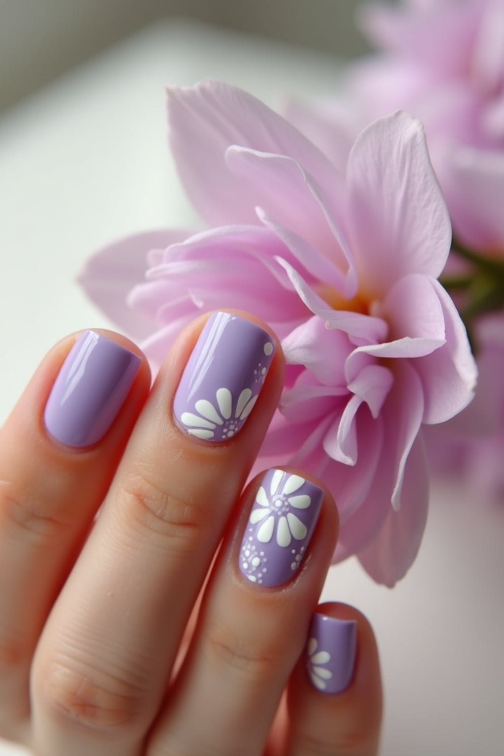 lavender nails with white floral nail art, spring-themed background, soft natural light, close-up of fingers holding a flower, Instagram-ready shot