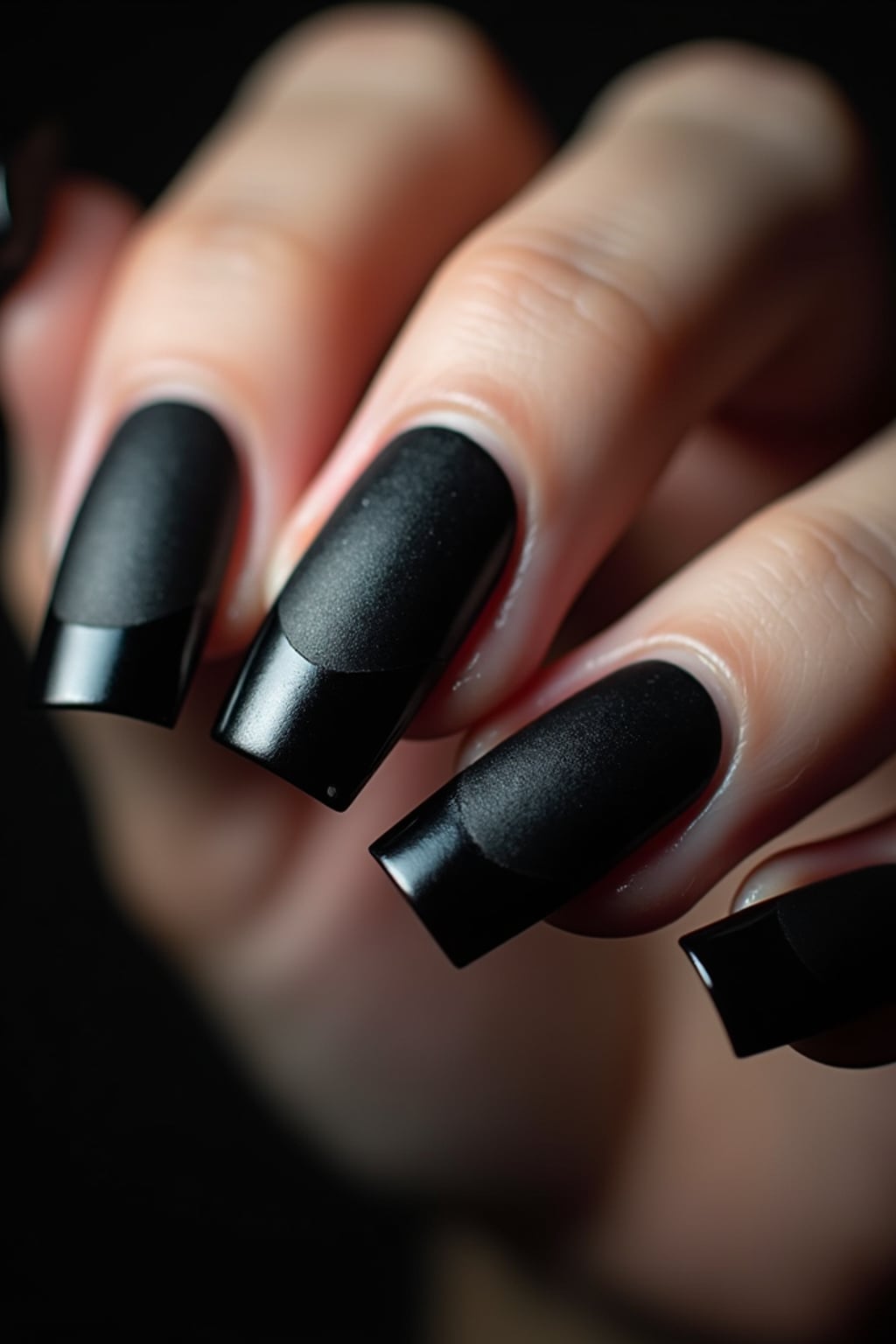 black matte nails with glossy tips, dramatic close-up with contrast lighting, edgy modern styling, professional manicure display