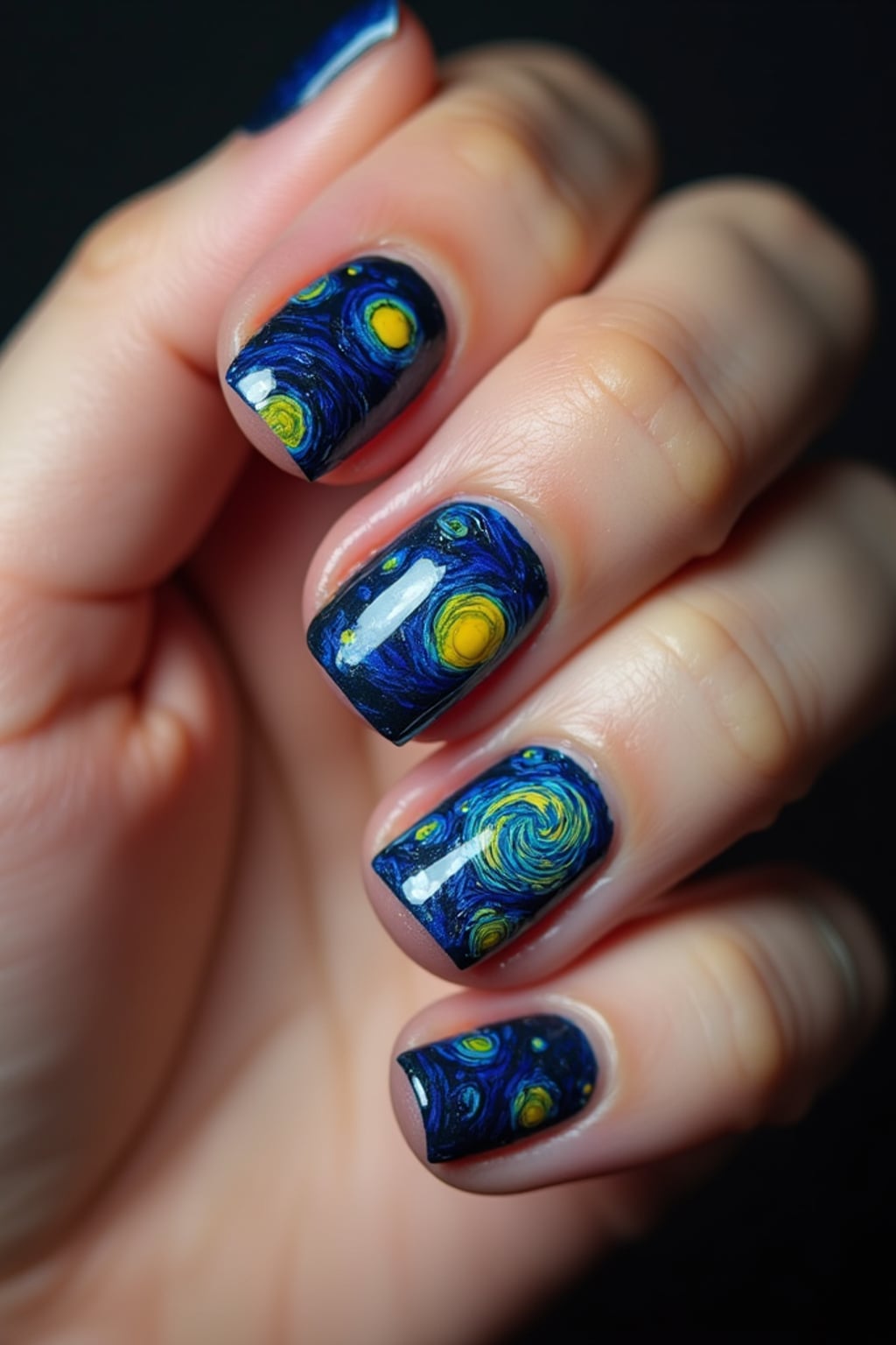 nails with starry night sky design inspired by Van Gogh, swirling blue and yellow patterns, clean softbox lighting, posed fingers with high gloss