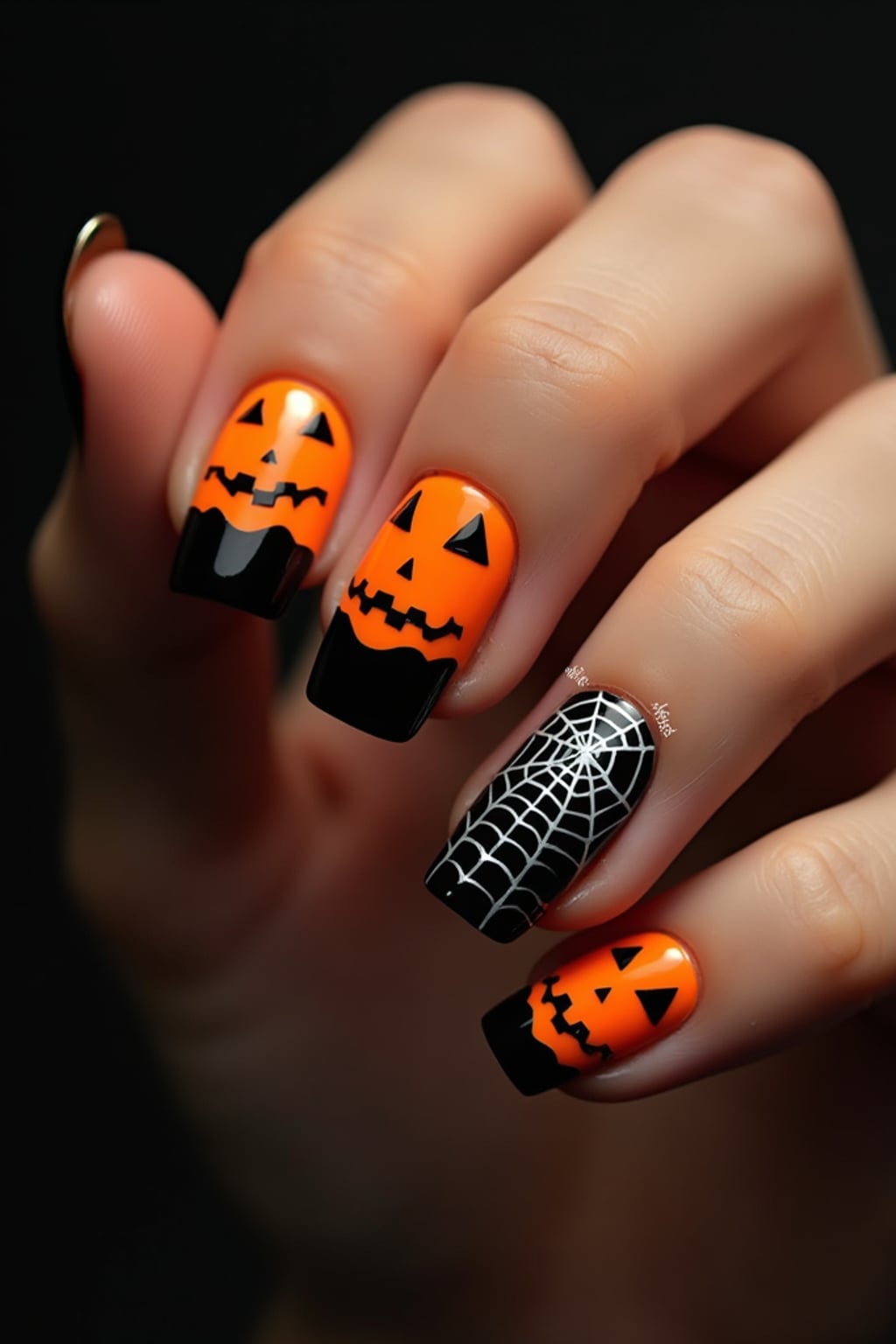 Halloween themed nails with jack-o-lanterns and spider webs, orange and black color scheme, dramatic studio lighting, artistic styling
