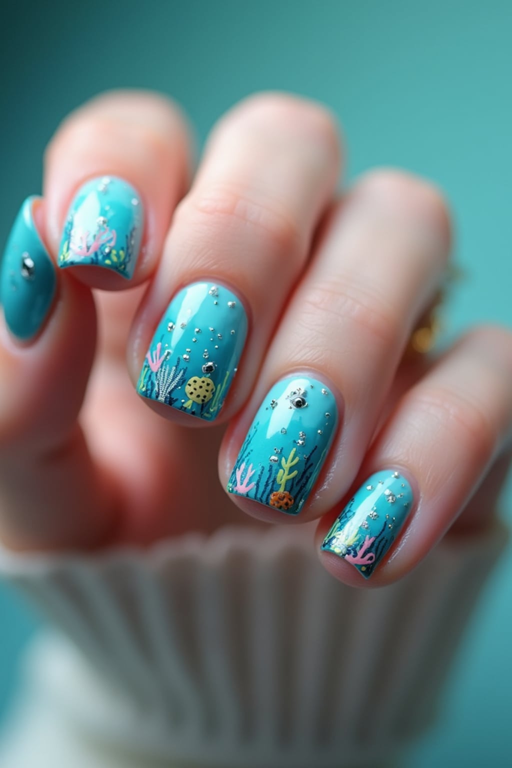 nails with underwater ocean scene featuring tiny sea creatures, vibrant blue ombré background, trendy and bold hand styling