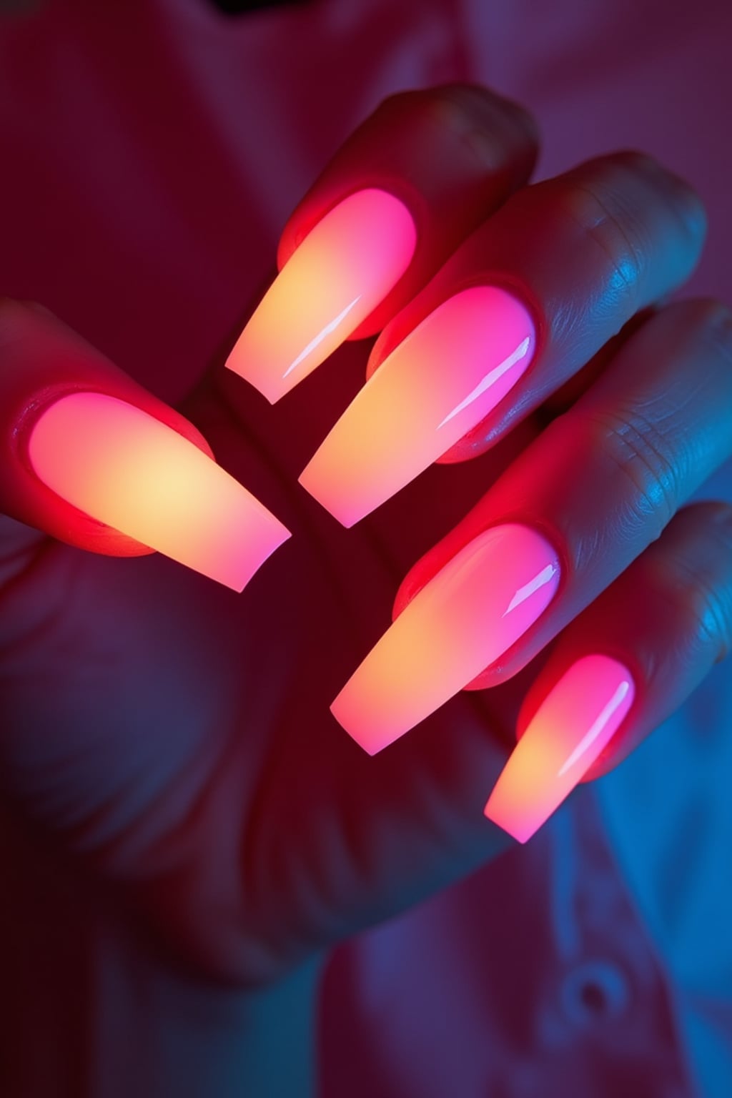 neon ombré coffin nails, vibrant color gradient, high saturation studio lighting, trendy and bold hand styling, beauty editorial quality