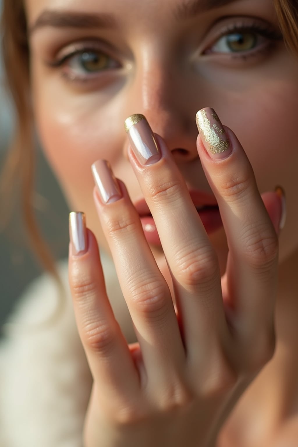 nude base nails with gold foil accents, macro shot, soft focus background, elegant hand pose, editorial-quality beauty photography, luxury vibe