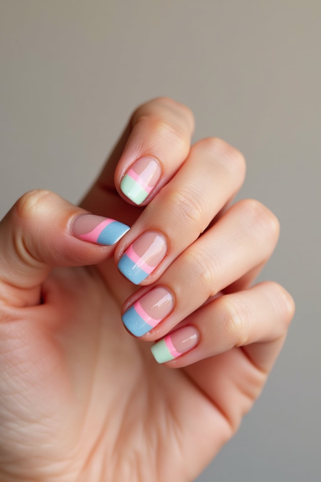 close-up photo of pastel rainbow french tip nails, hands posed gracefully, soft lighting, minimal background, professional beauty photo, high detail, perfect for salon marketing