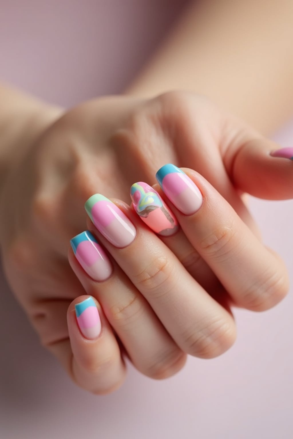 close-up photo of pastel rainbow french tip nails, hands posed gracefully, soft lighting, minimal background, professional beauty photo, high detail, perfect for salon marketing