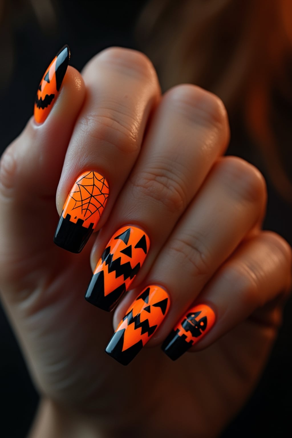 Halloween themed nails with jack-o-lanterns and spider webs, orange and black color scheme, dramatic studio lighting, artistic styling