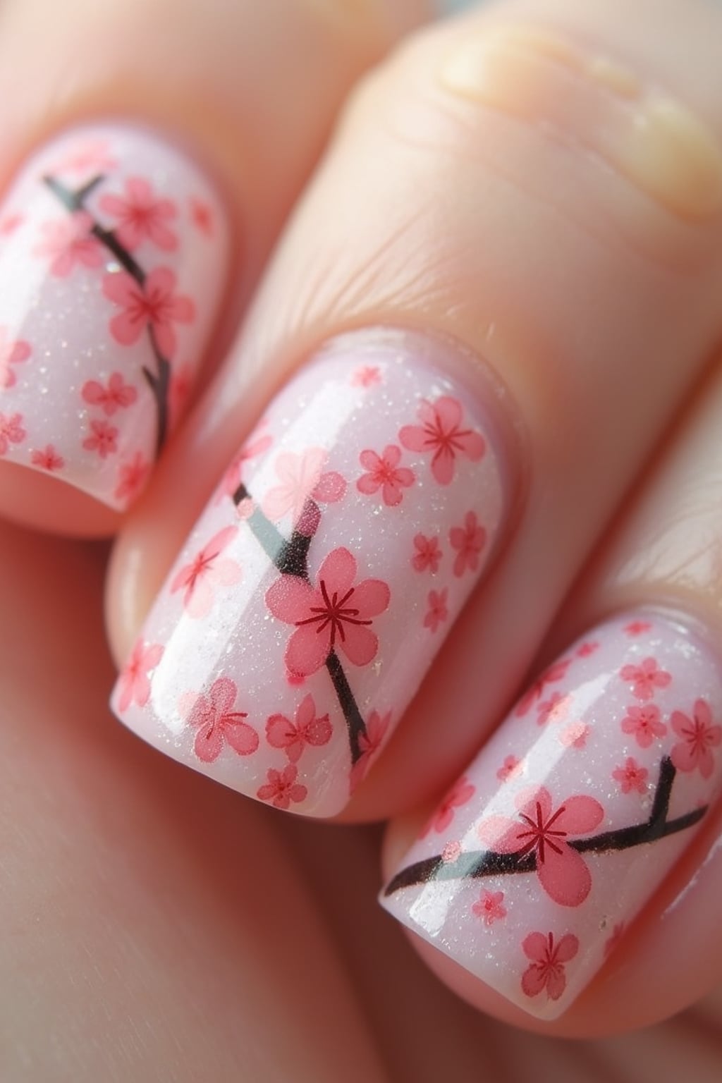 cherry blossom themed nails with delicate pink flowers, spring-inspired design, soft natural lighting, close-up on intricate details