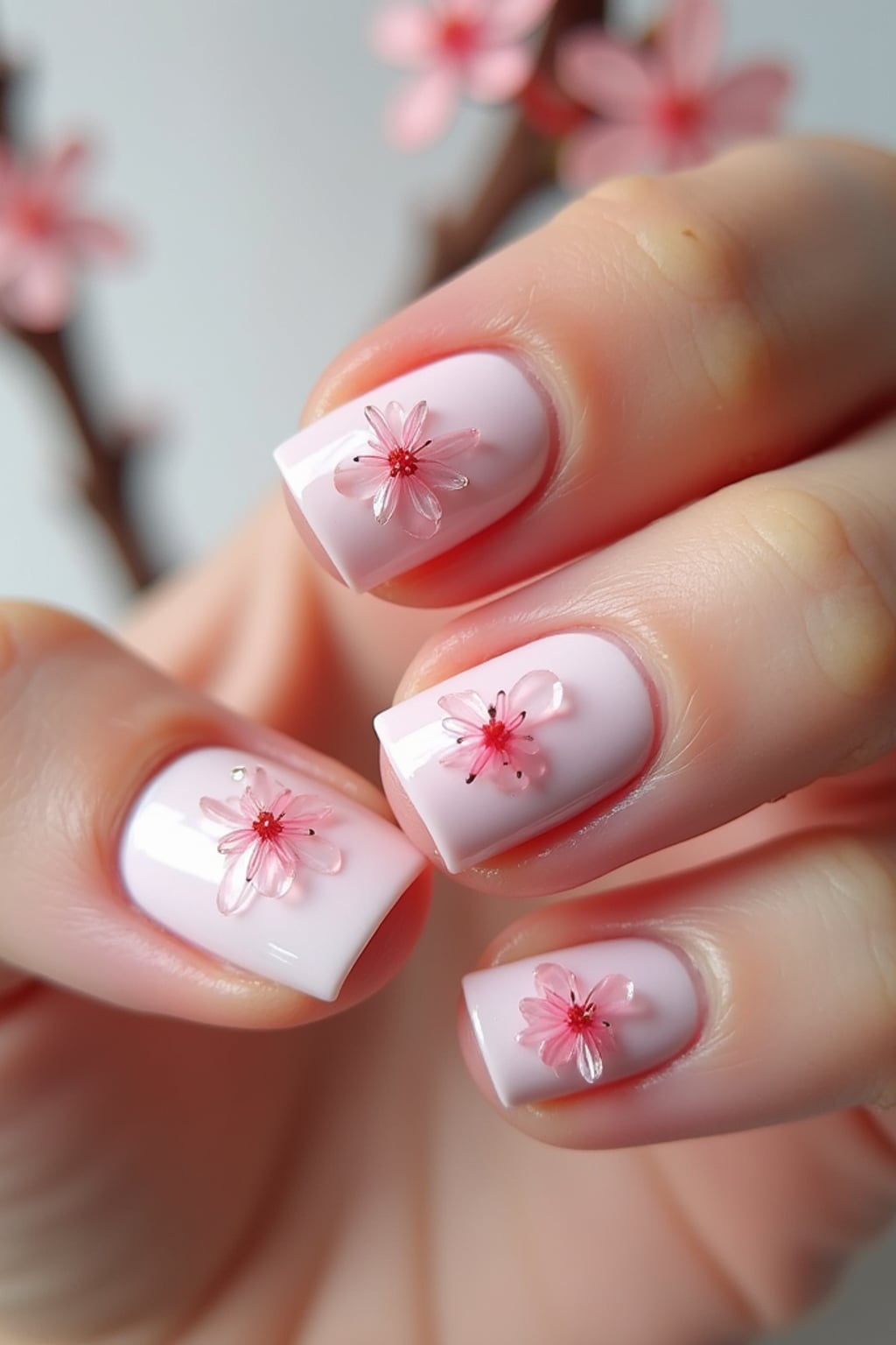 cherry blossom themed nails with delicate pink flowers, spring-inspired design, soft natural lighting, close-up on intricate details