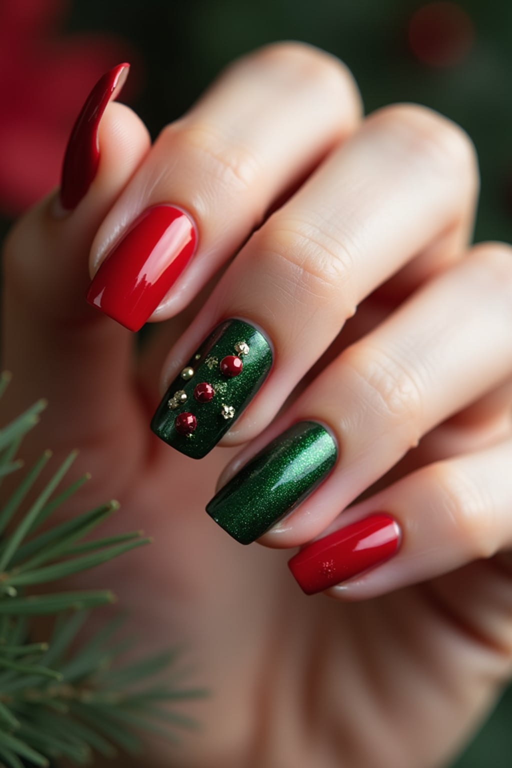 Christmas tree themed nails with tiny ornaments and glitter, festive red and green colors, elegant hand pose, holiday-inspired nail art