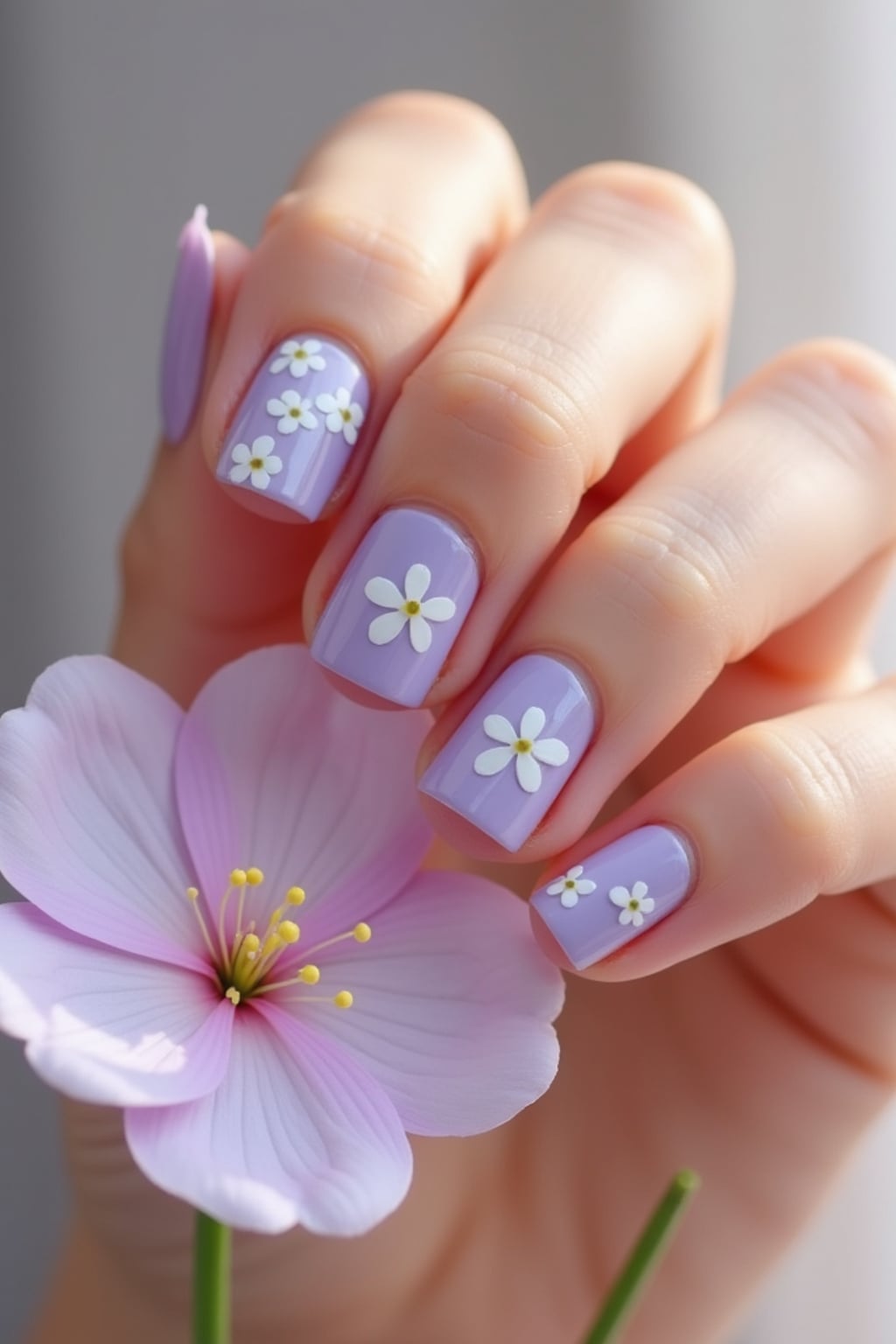 lavender nails with white floral nail art, spring-themed background, soft natural light, close-up of fingers holding a flower, Instagram-ready shot