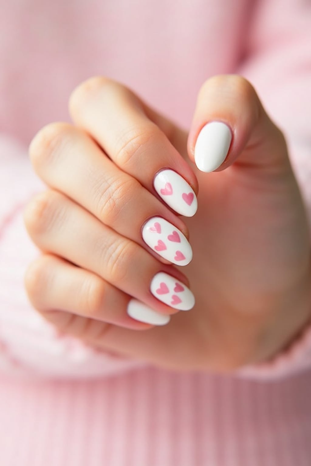 milky white nails with tiny pink hearts, romantic aesthetic, pastel background, cute styling, feminine hand pose, social media-friendly lighting