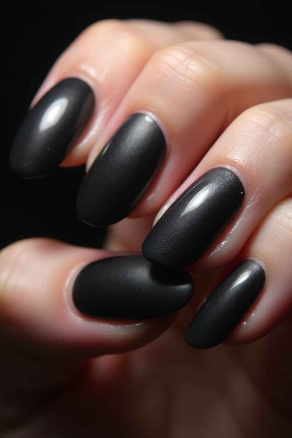 black matte nails with glossy tips, dramatic close-up with contrast lighting, edgy modern styling, professional manicure display