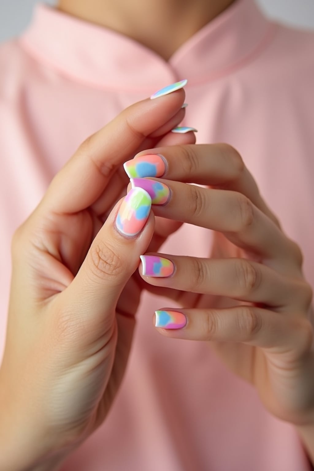close-up photo of pastel rainbow french tip nails, hands posed gracefully, soft lighting, minimal background, professional beauty photo, high detail, perfect for salon marketing