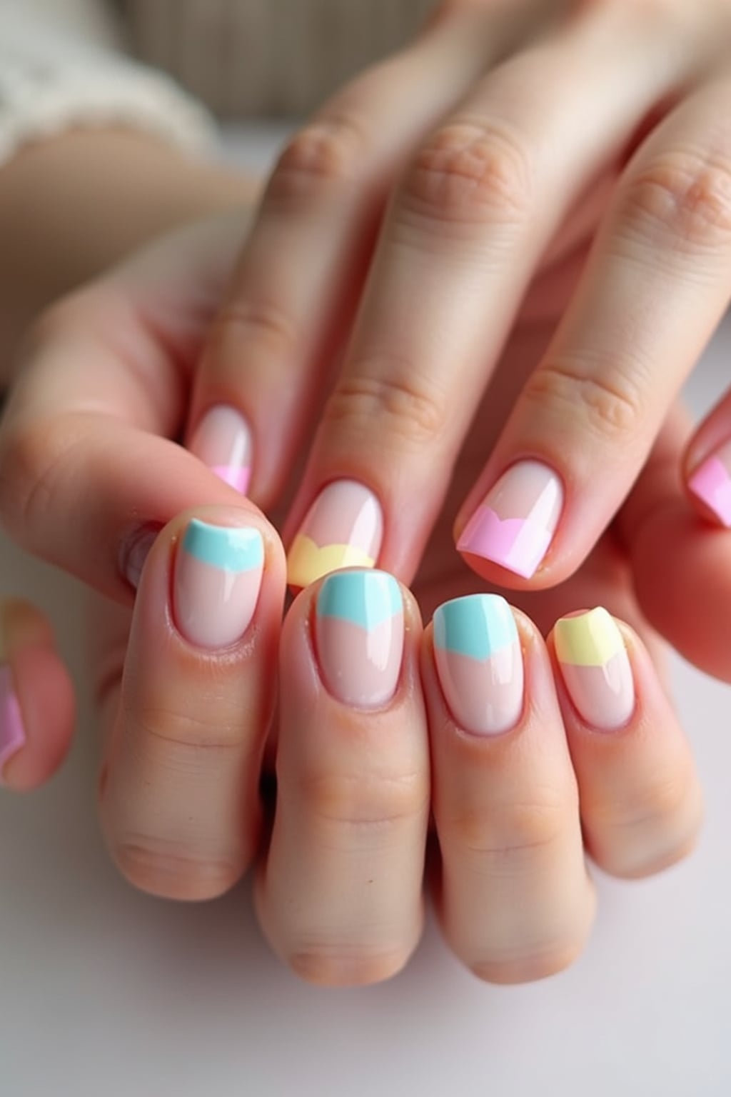close-up photo of pastel rainbow french tip nails, hands posed gracefully, soft lighting, minimal background, professional beauty photo, high detail, perfect for salon marketing