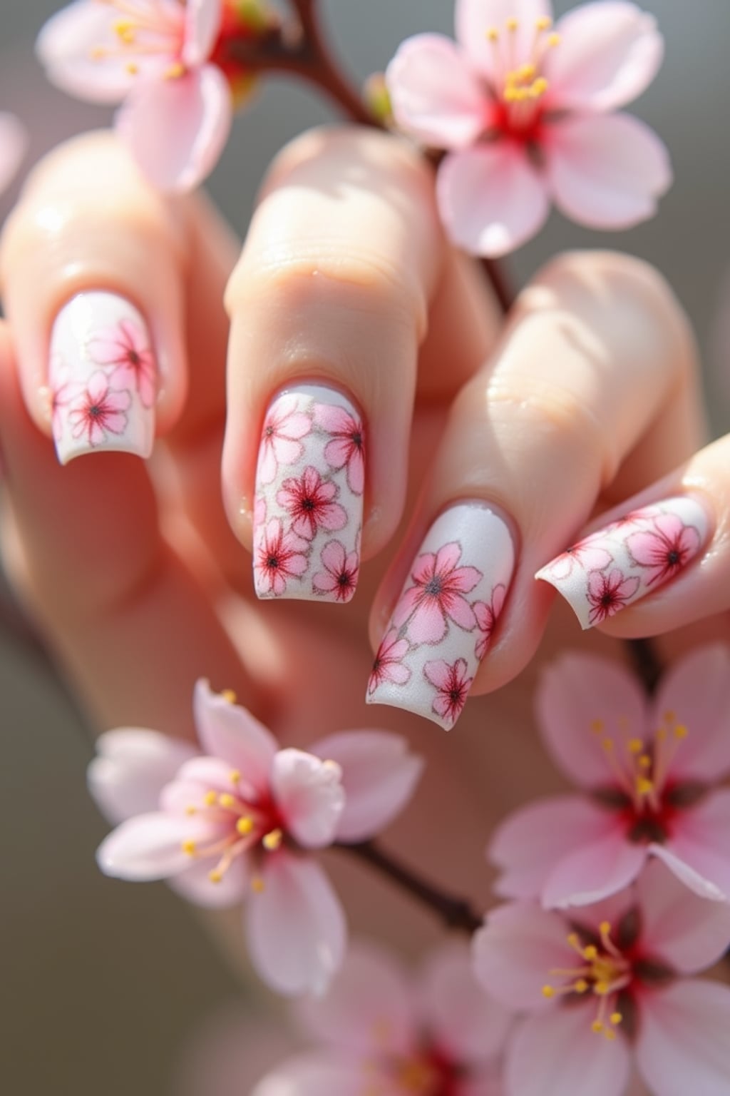 cherry blossom themed nails with delicate pink flowers, spring-inspired design, soft natural lighting, close-up on intricate details