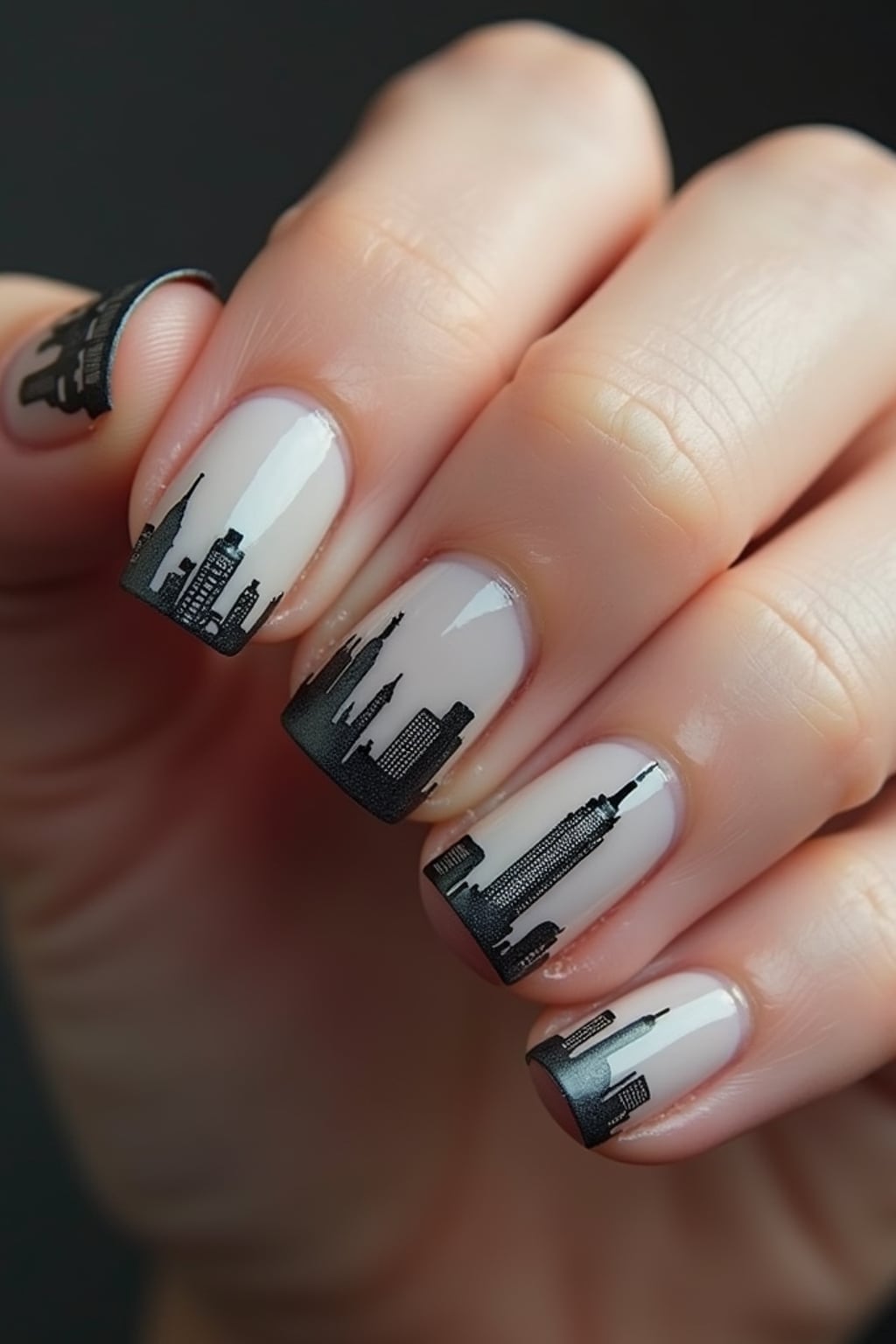 nails with detailed New York skyline silhouette, Empire State Building accent nail, urban aesthetic, professional beauty photography