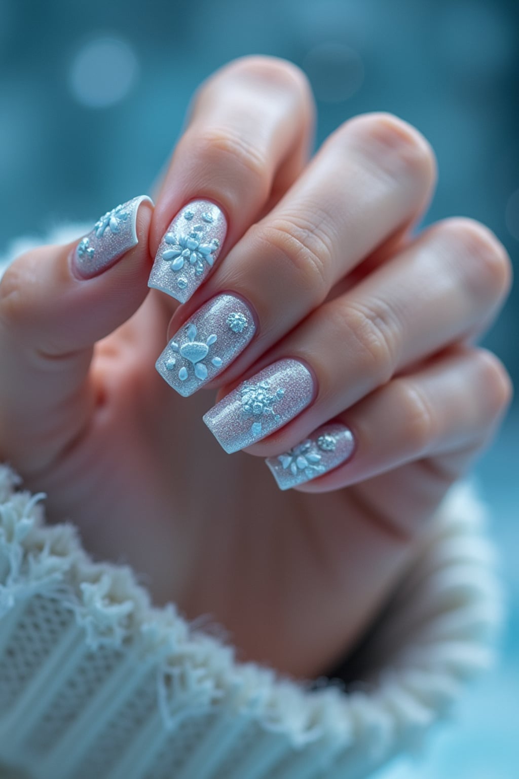 winter wonderland nails with 3D snowflakes and silver glitter, icy blue background, elegant hand posture, dramatic lighting setup