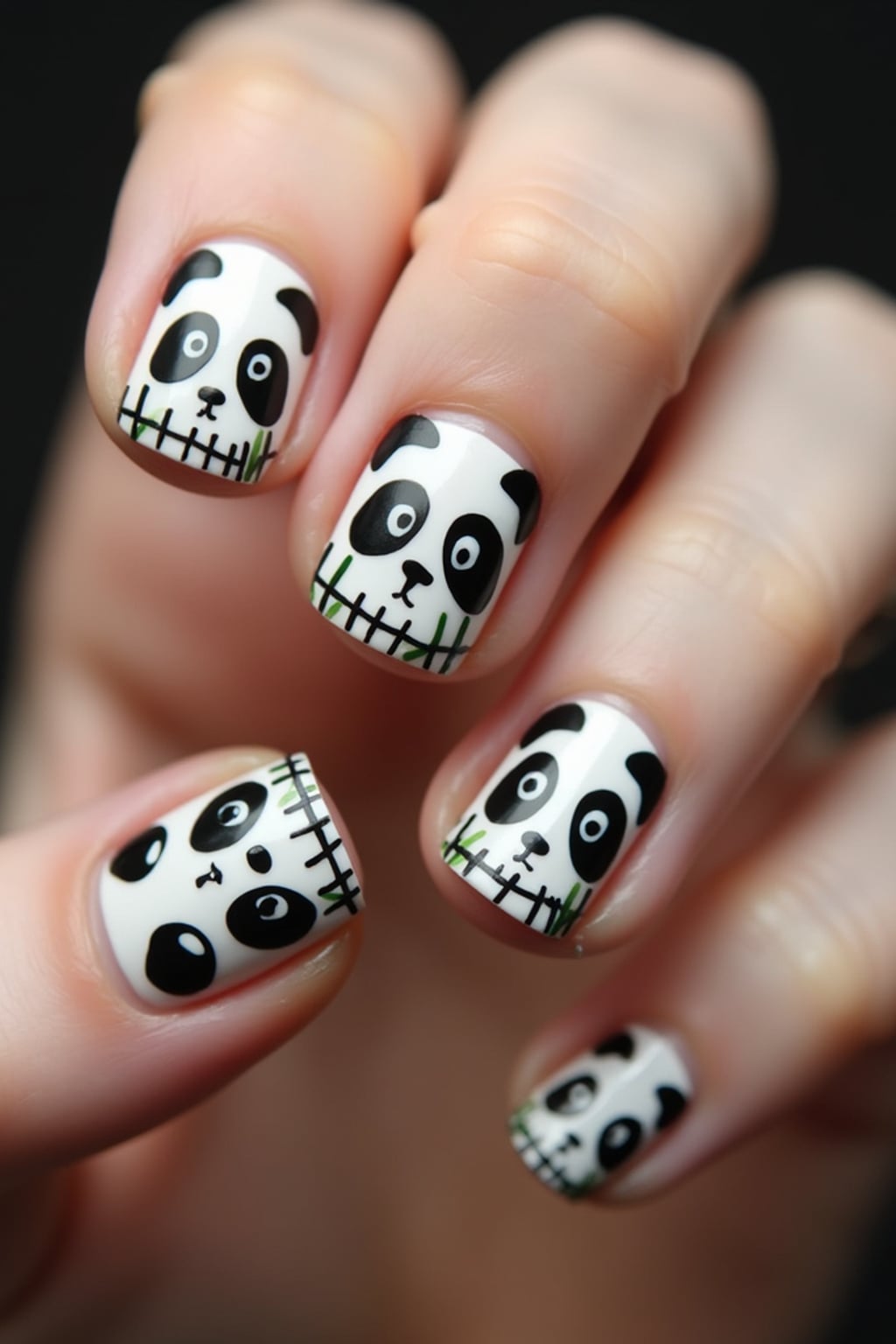 nails with cute panda bear designs, black and white with bamboo accents, playful hand pose, macro photography focus