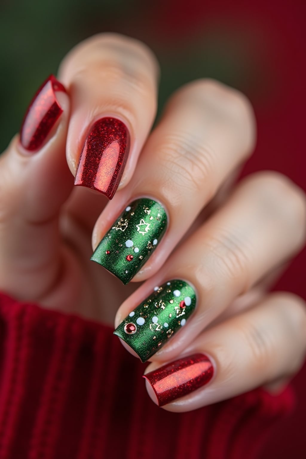 Christmas tree themed nails with tiny ornaments and glitter, festive red and green colors, elegant hand pose, holiday-inspired nail art