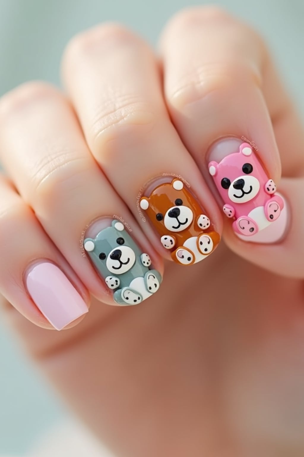 nails with adorable 3D teddy bear art, each nail featuring a different colored bear, soft pastel background, close-up detail shot