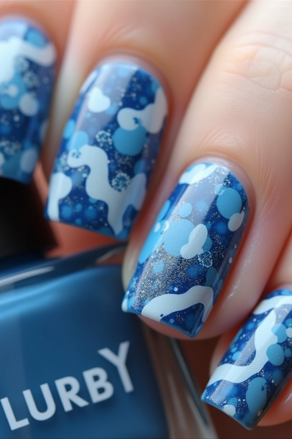 marble effect nails in blue and white, luxury nail spa vibe, macro shot, detailed swirling texture, artistic styling