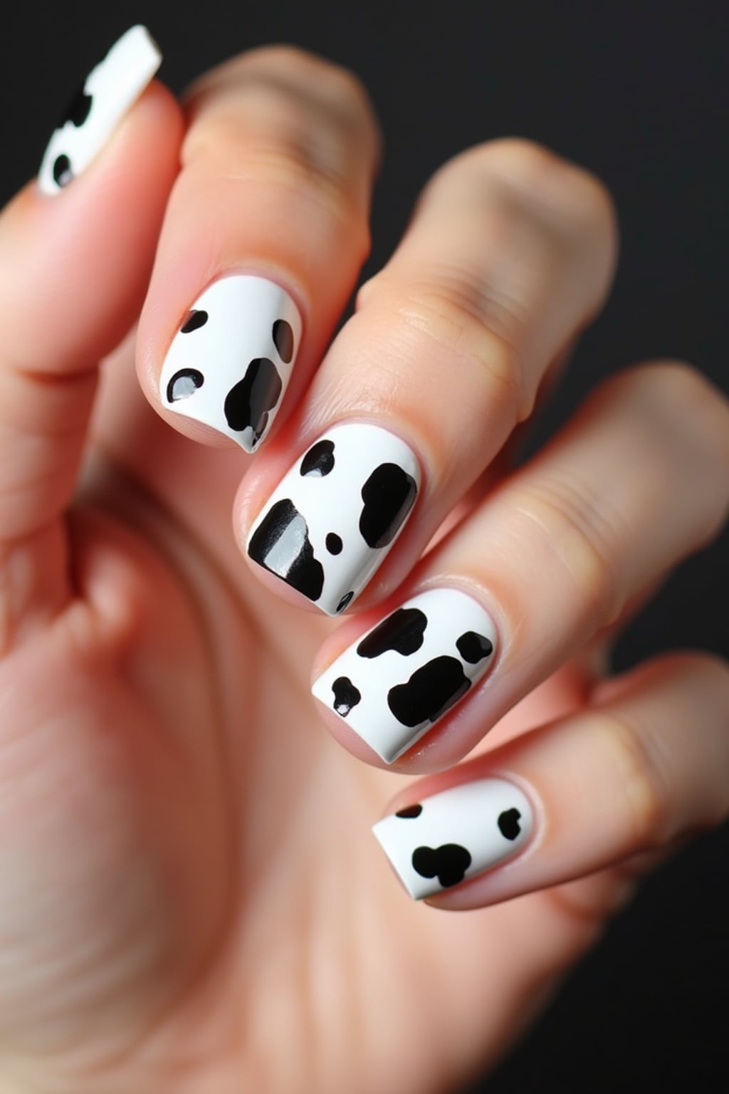 cow print nails on glossy white base, bold and playful aesthetic, beauty studio lighting, fashion-forward hand styling