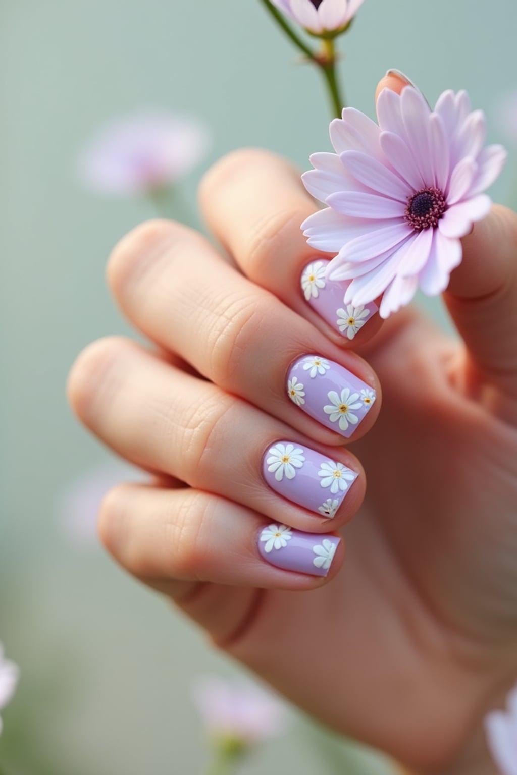 lavender nails with white floral nail art, spring-themed background, soft natural light, close-up of fingers holding a flower, Instagram-ready shot
