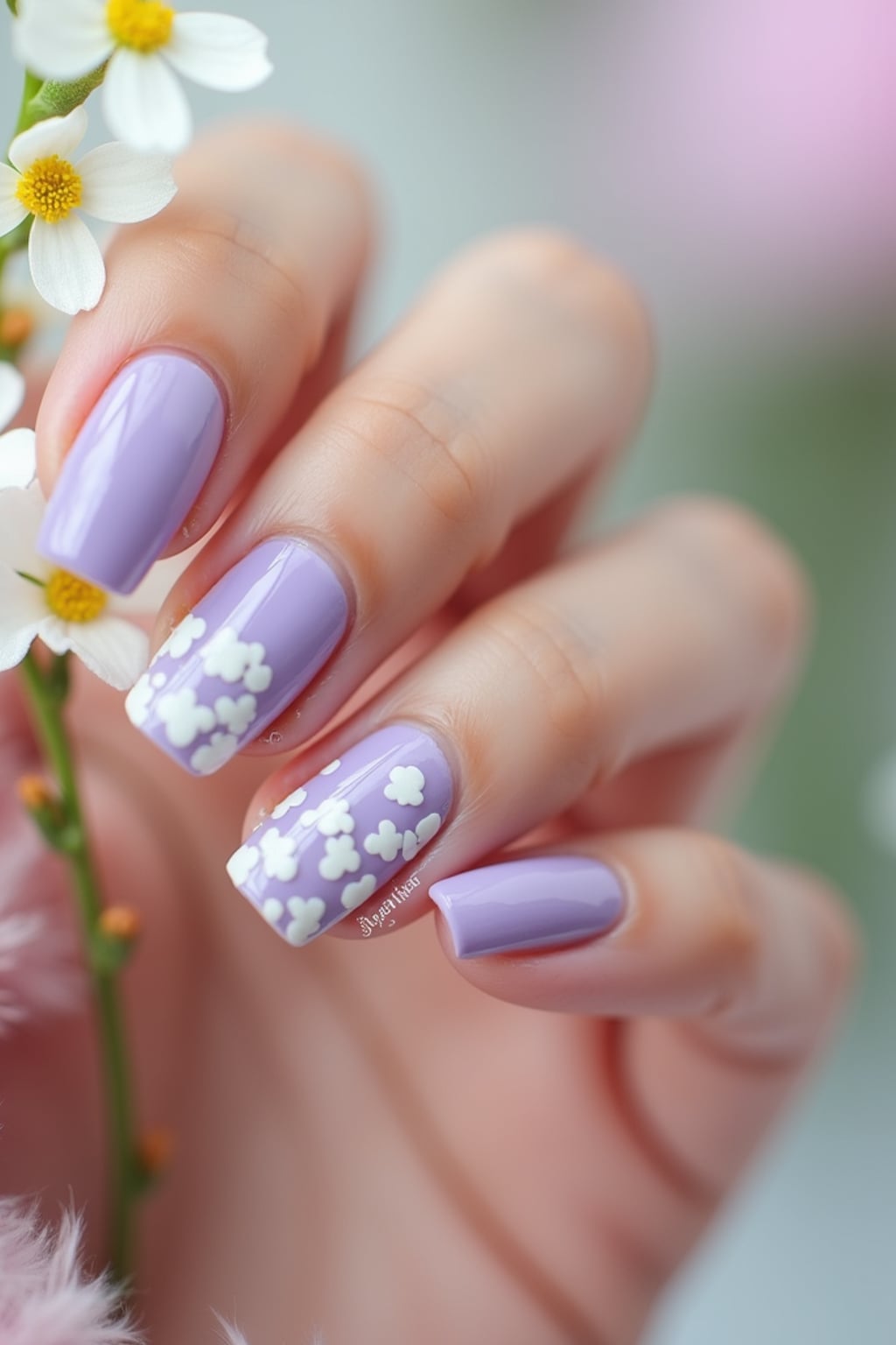 lavender nails with white floral nail art, spring-themed background, soft natural light, close-up of fingers holding a flower, Instagram-ready shot