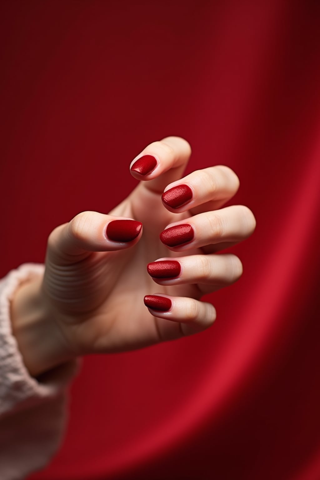 red velvet almond-shaped nails, beauty studio setting, rich red tones, soft bokeh background, posed fingers showcasing nail curve