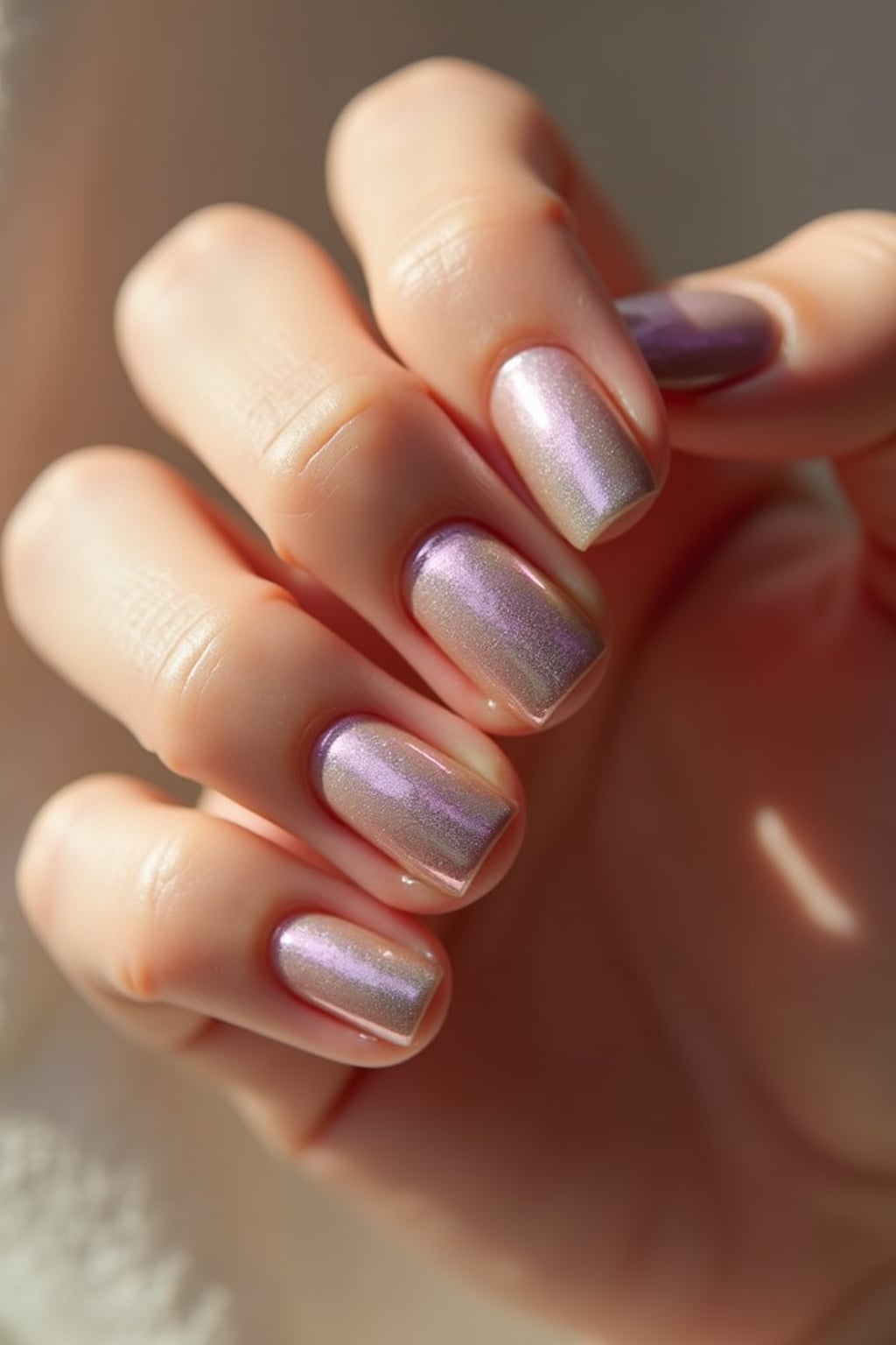 studio shot of chrome glazed donut nails with glossy reflections, hand posed elegantly, modern beauty lighting, high-shine texture visible, magazine-style presentation
