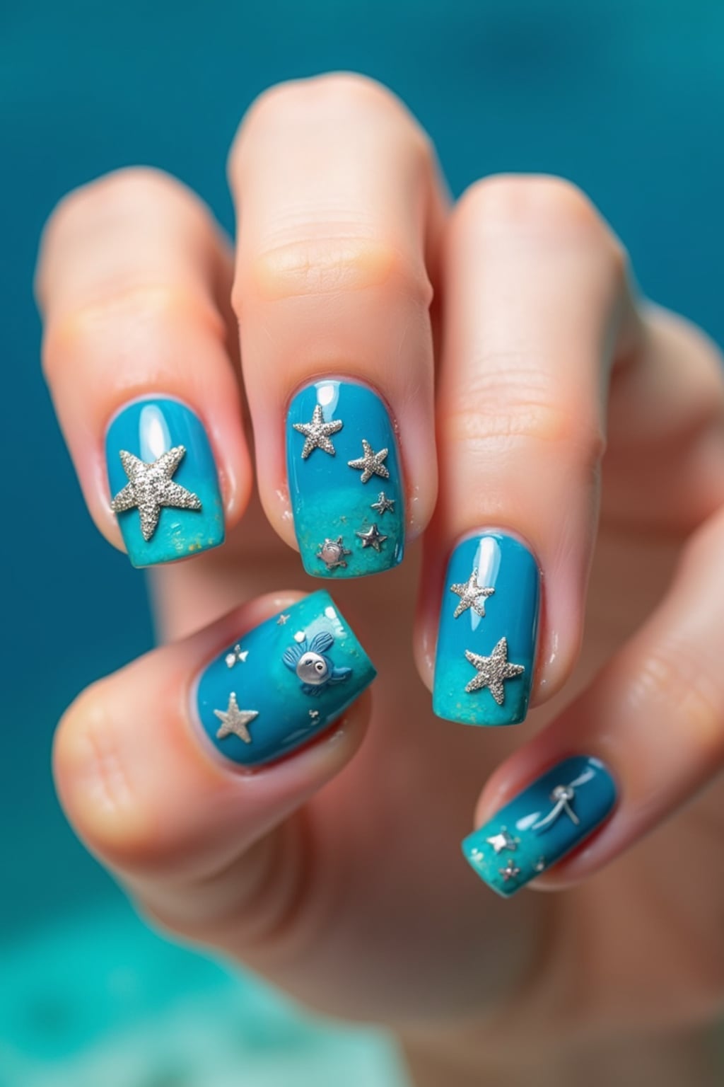 nails with underwater ocean scene featuring tiny sea creatures, vibrant blue ombré background, trendy and bold hand styling