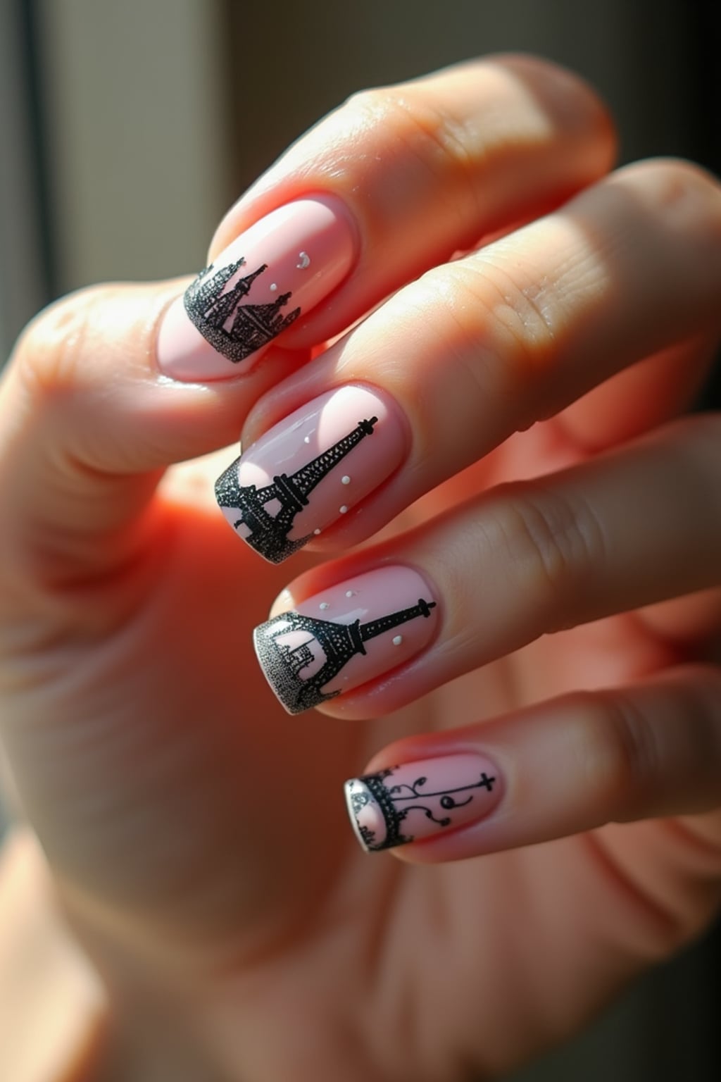 nails featuring miniature Eiffel Tower design, Parisian cityscape art, romantic lighting, posed fingers showcasing intricate details