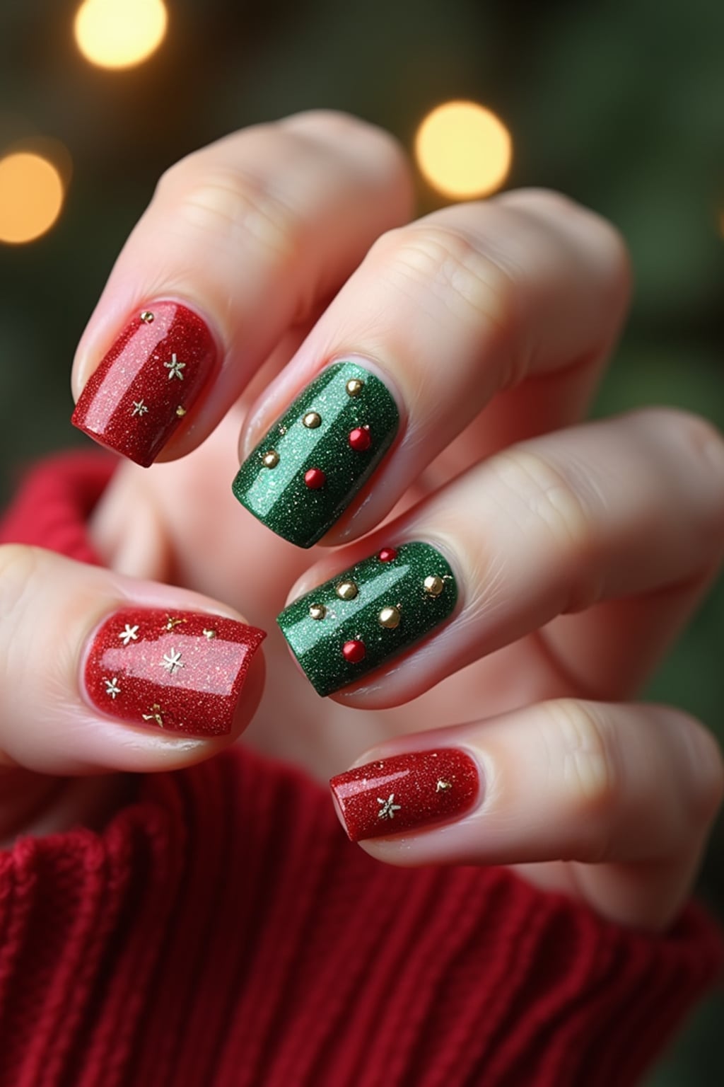 Christmas tree themed nails with tiny ornaments and glitter, festive red and green colors, elegant hand pose, holiday-inspired nail art