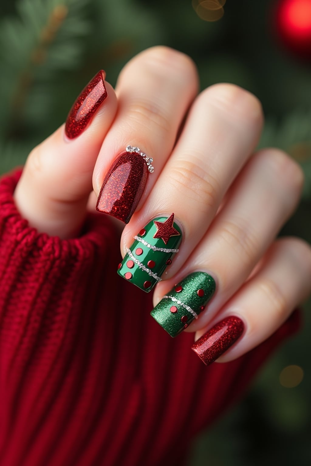 Christmas tree themed nails with tiny ornaments and glitter, festive red and green colors, elegant hand pose, holiday-inspired nail art