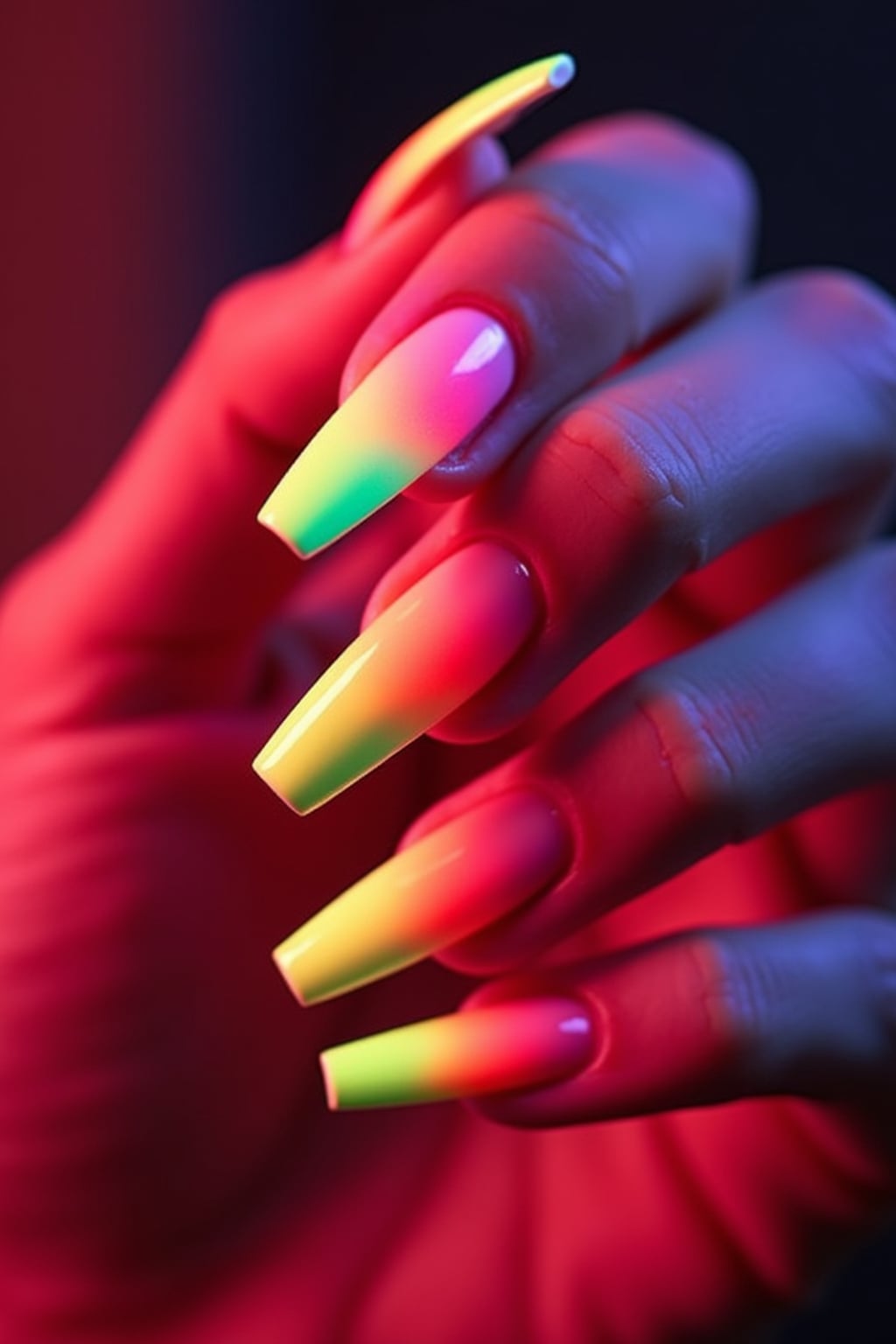 neon ombré coffin nails, vibrant color gradient, high saturation studio lighting, trendy and bold hand styling, beauty editorial quality