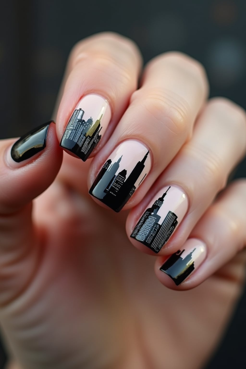 nails with detailed New York skyline silhouette, Empire State Building accent nail, urban aesthetic, professional beauty photography
