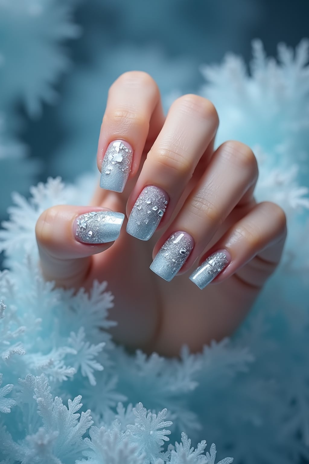 winter wonderland nails with 3D snowflakes and silver glitter, icy blue background, elegant hand posture, dramatic lighting setup