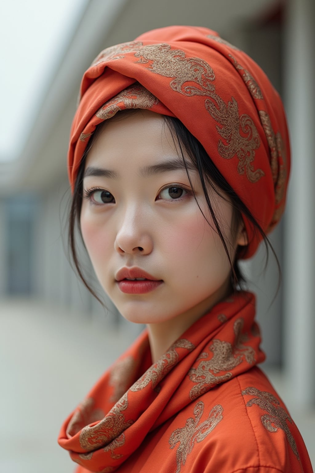 woman with a two-toned silk scarf styled as a complete headwrap covering all hair, with dewy skin , against a minimalist architectural background