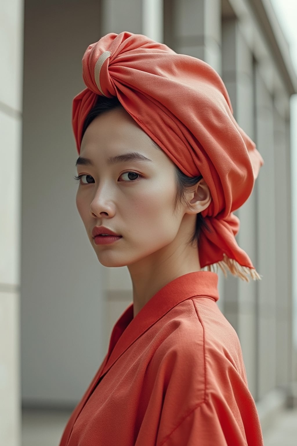 woman with a two-toned silk scarf styled as a complete headwrap covering all hair, with dewy skin , against a minimalist architectural background