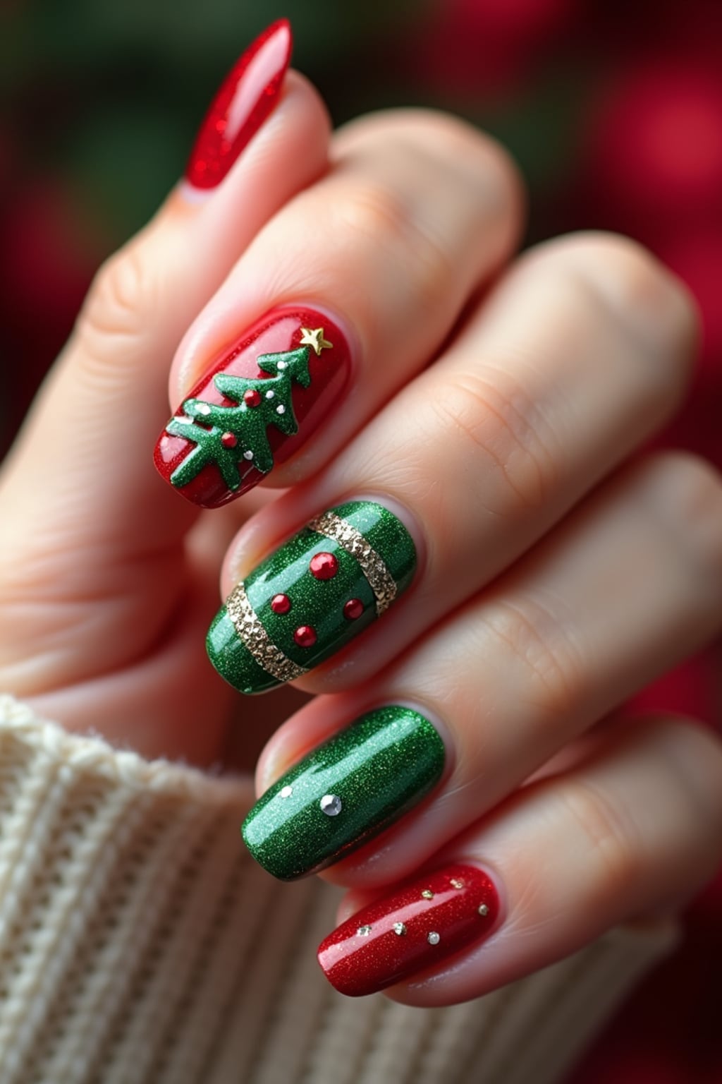 Christmas tree themed nails with tiny ornaments and glitter, festive red and green colors, elegant hand pose, holiday-inspired nail art