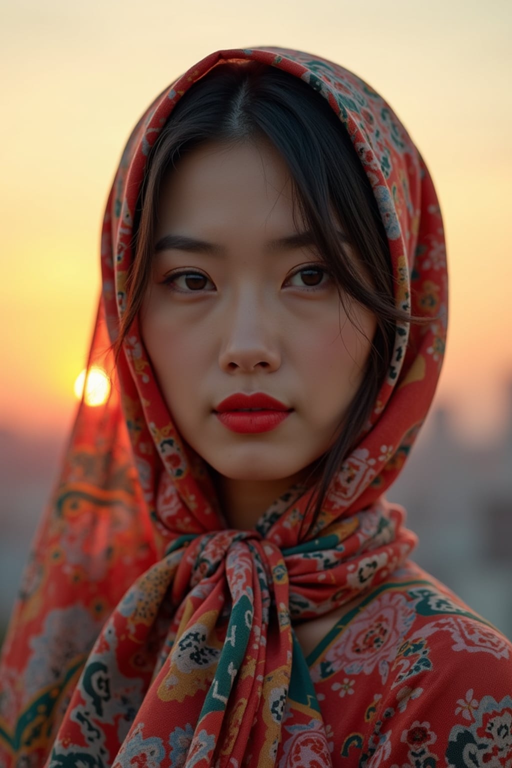 woman with an abstract print silk scarf wrapped completely around the head, with bold lipstick , against a sunset skyline
